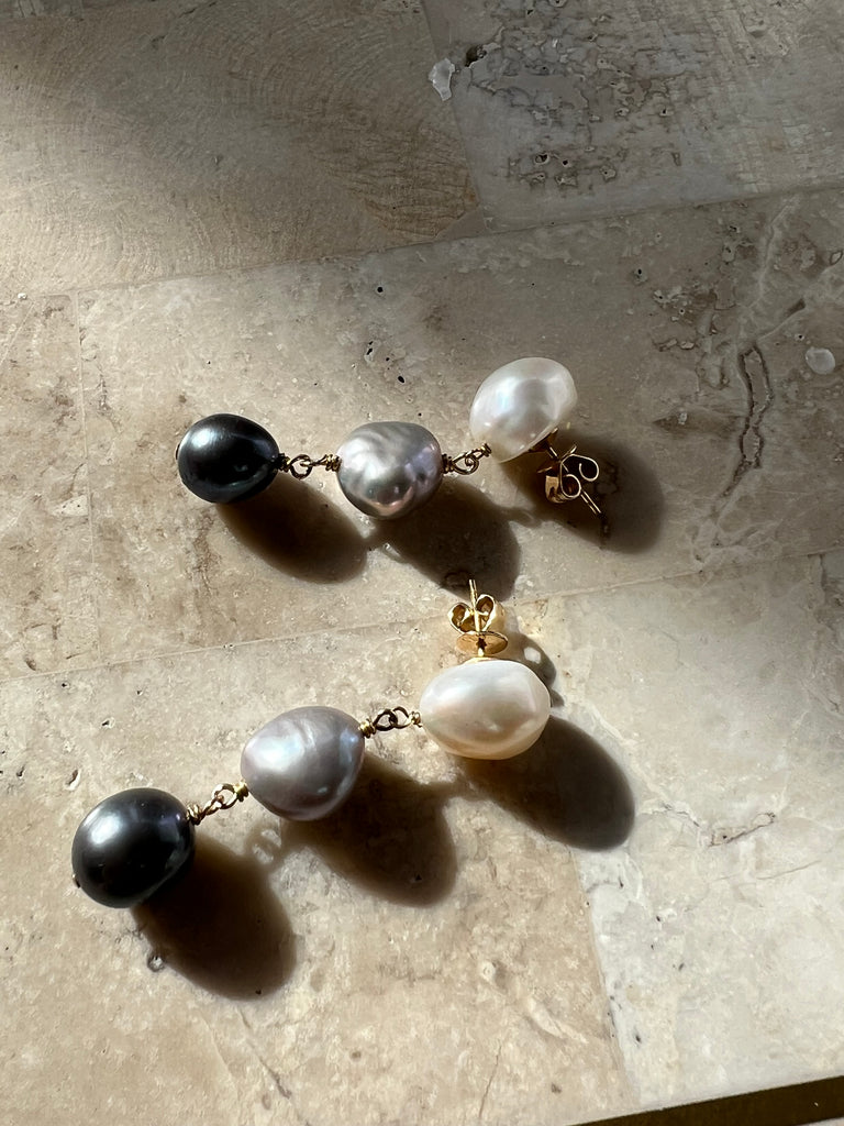 14K Yellow Gold Ombre Pearl triple drop earrings