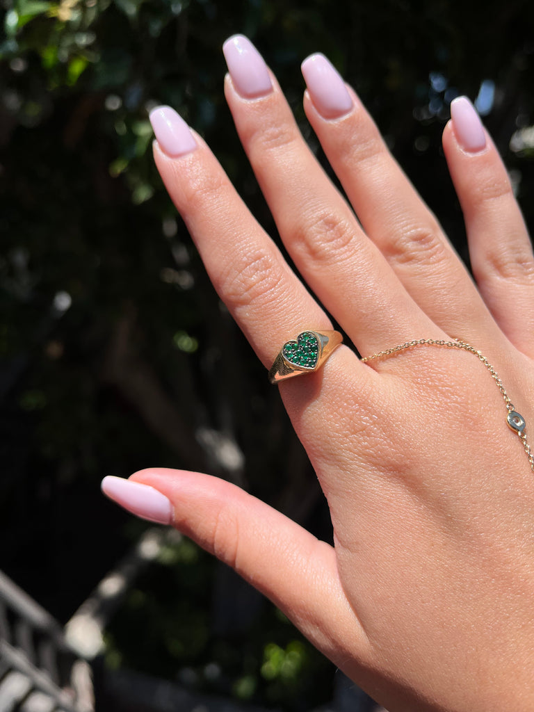 14k Gold Emerald Heart Signet Ring