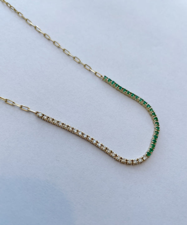 14K Gold Diamond and Emerald Paperclip Chain Necklace