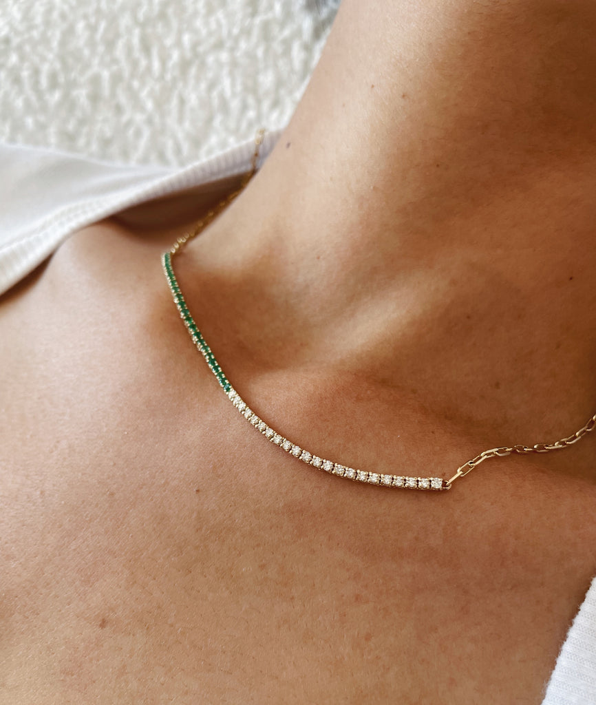 14K Gold Diamond and Emerald Paperclip Chain Necklace