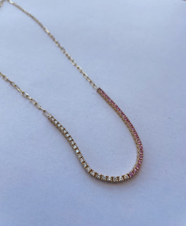 14K Gold Pink Sapphire and Diamond Paperclip Chain Necklace