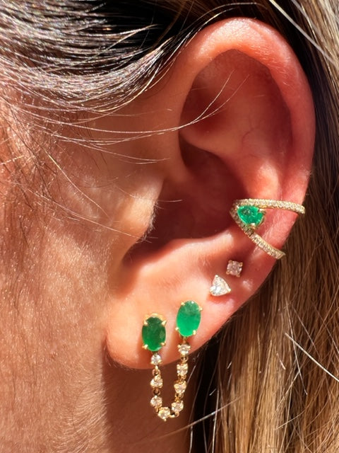 14K Gold Emerald Pear and Diamond Ear Cuff