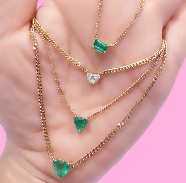 14K Gold Emerald Necklace on Cuban Chain