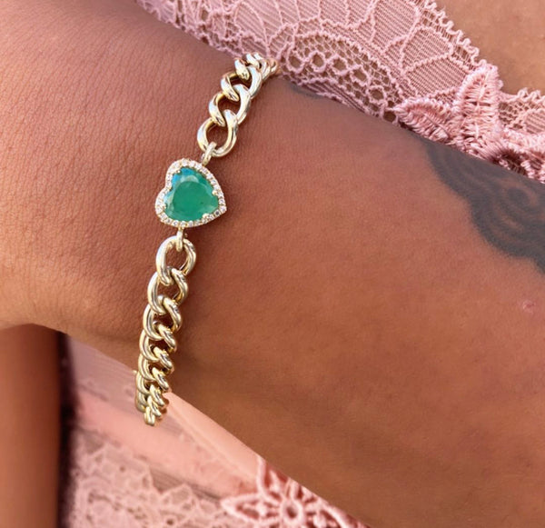 14K Gold Diamond & Heart Shape Emerald Curb Chain Bracelet