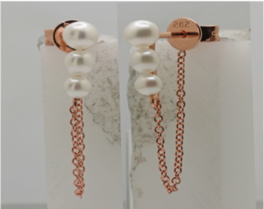 Triple Pearl Rose Gold Chain Studs