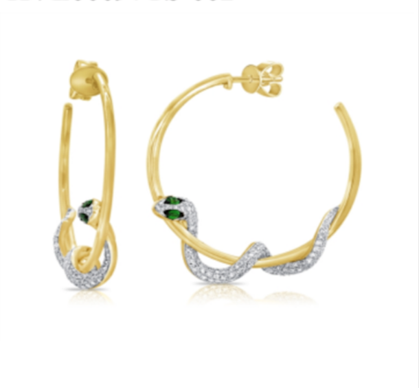 14K Gold Diamond Emerald Serpent Hoop Earrings