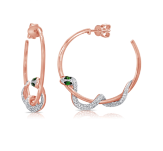 14K Rose Gold Diamond Emerald Serpent Hoop Earrings