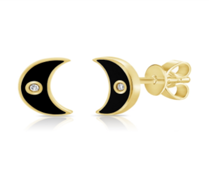 14K Yellow Gold Black and Diamond Crescent Earring Studs