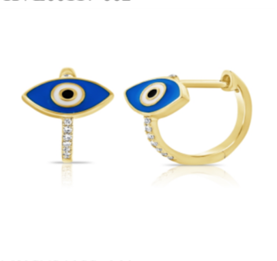 14K Yellow Gold Diamond Evil Eye Hoop Earrings