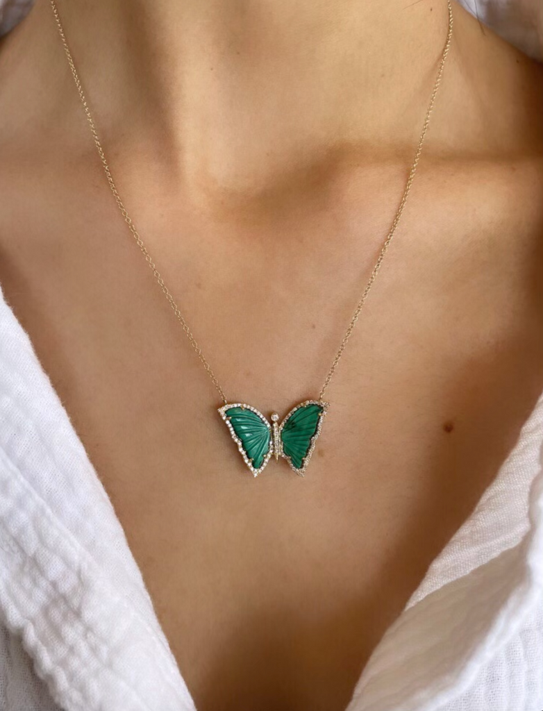 14K Yellow Gold Malachite and Diamond Framed Butterfly Necklace