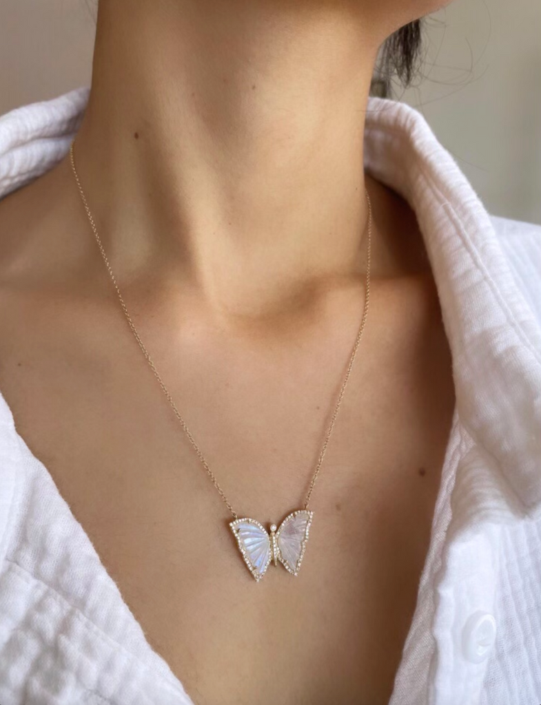 14K Yellow Gold Diamond Edges Moonstone Butterfly Necklace
