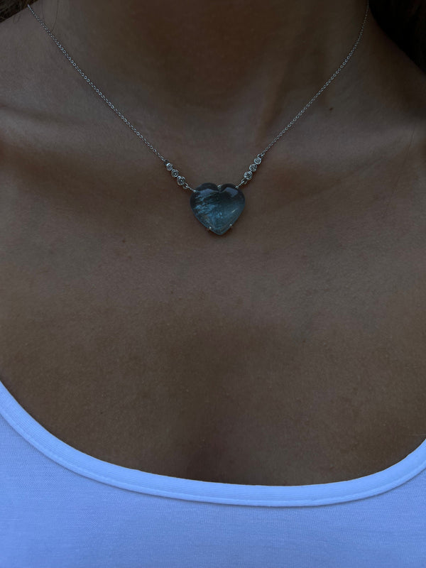 14k White Gold Aquamarine Heart Diamond Necklace