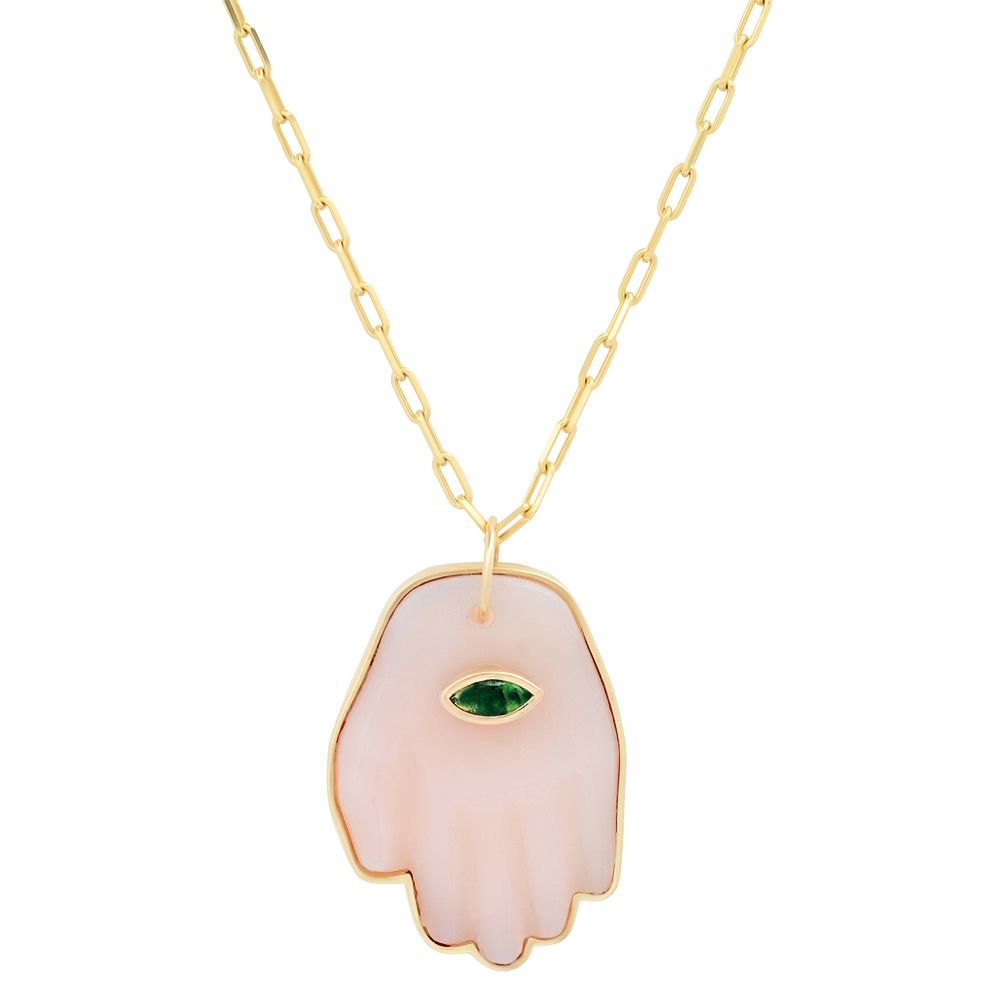 14K Yellow Gold Pink Opal Hamsa with Emerald Marquis Eye Necklace