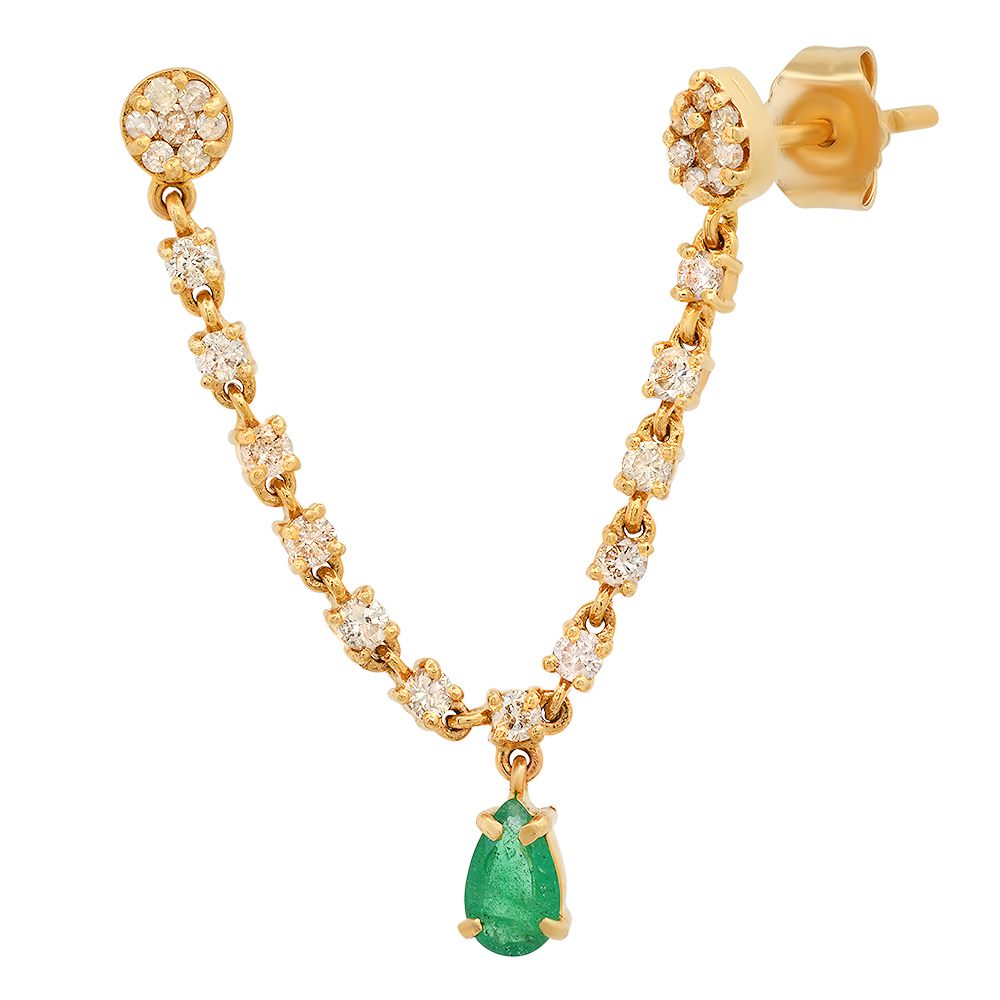 14k Gold Double Diamond Tennis Chain Studs with Pear Emerald