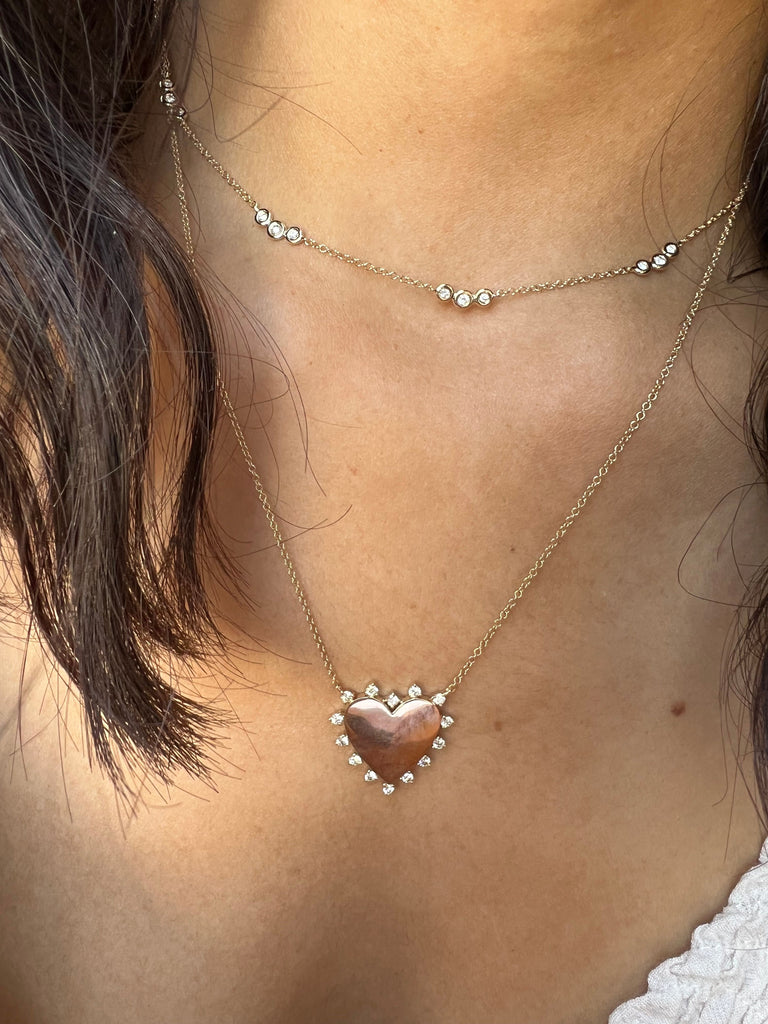 14k Yellow Gold Heart Necklace with Diamond Border