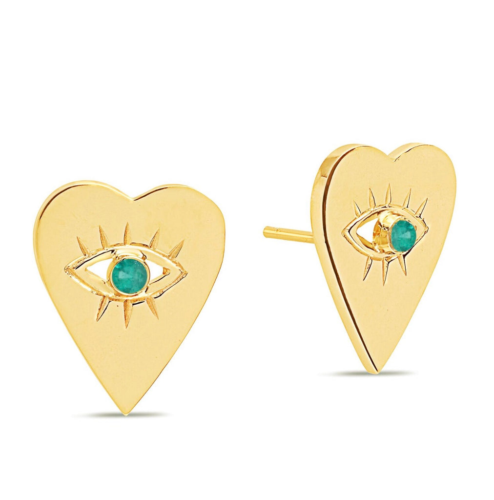 14K Gold Emerald Heart Evil Eye Studs