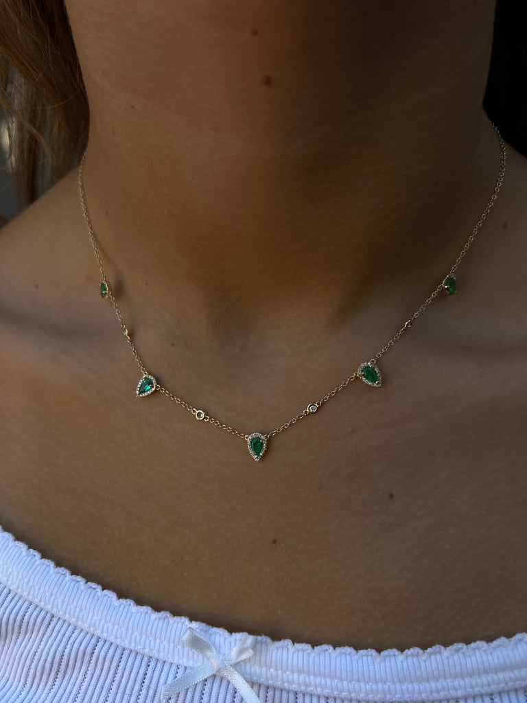14k Yellow Gold Diamond Bezel and Pear Shaped Emerald Necklace
