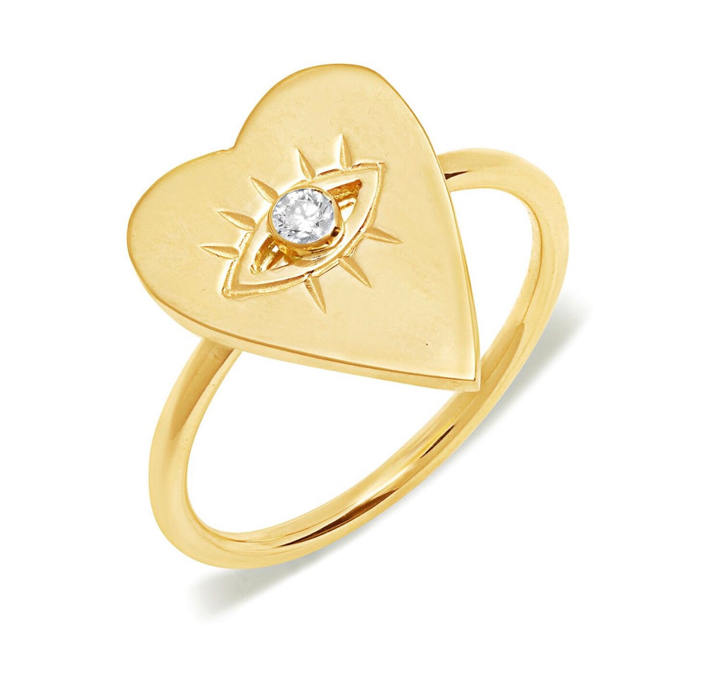 14K Gold Diamond Heart Evil Eye Ring