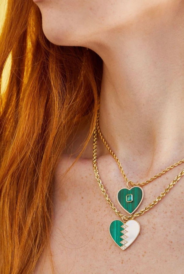 14K Yellow Gold Malachite Heart Charm with Bezel Emerald Center