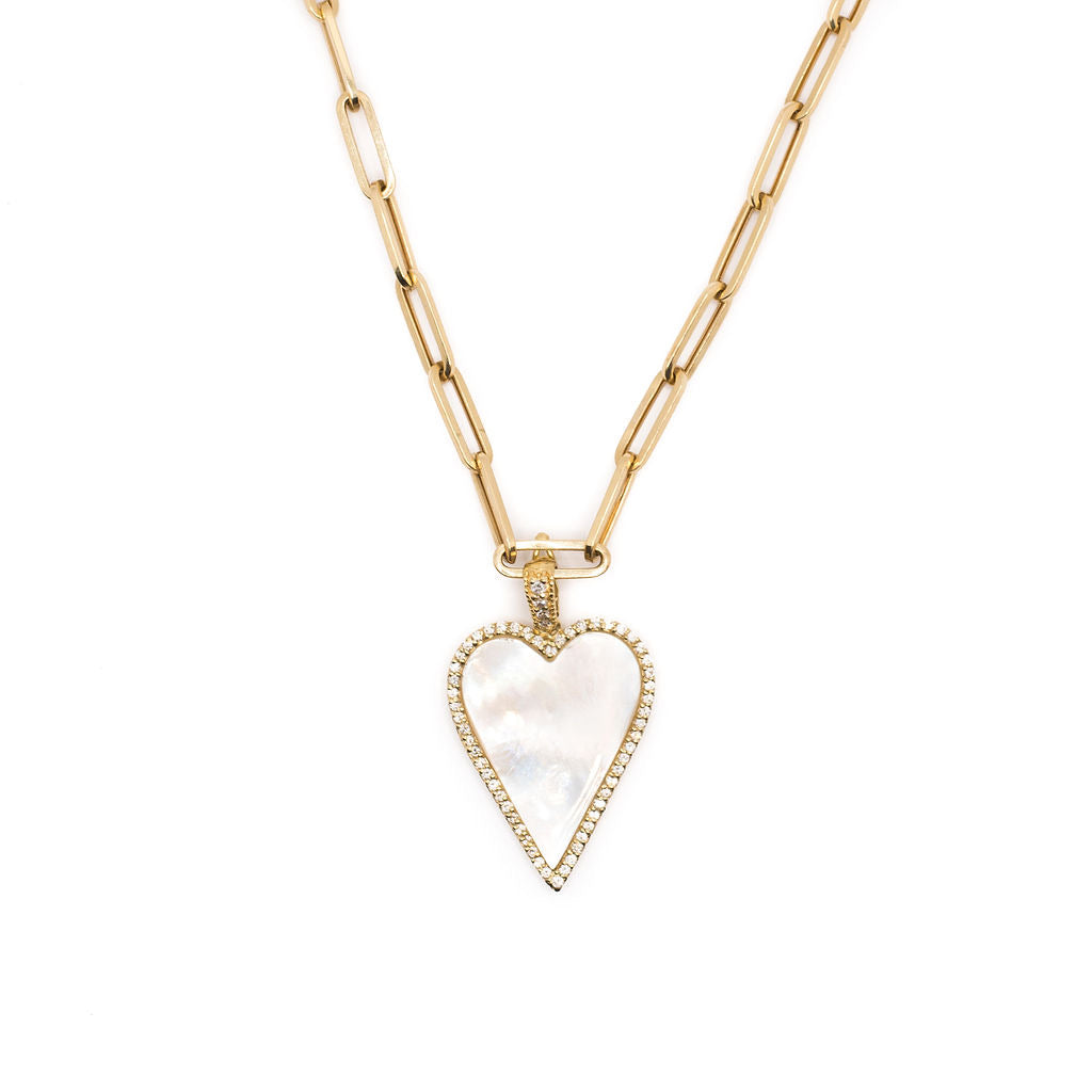 14K Gold Paperclip Chain with Mother Of Pearl & Diamond Heart Charm