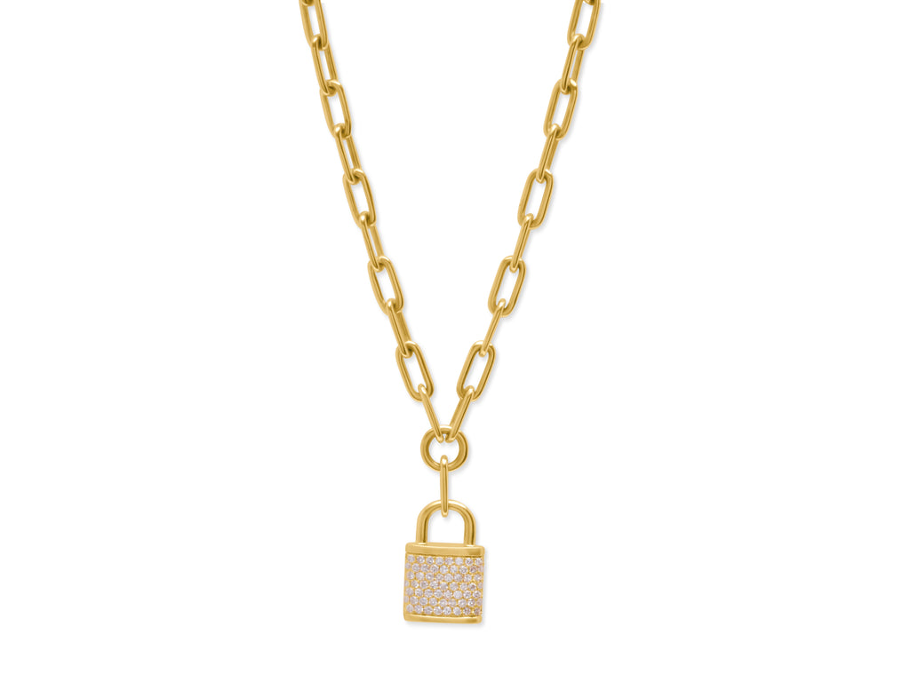 14K Gold Diamond Lock Charm on Link Chain