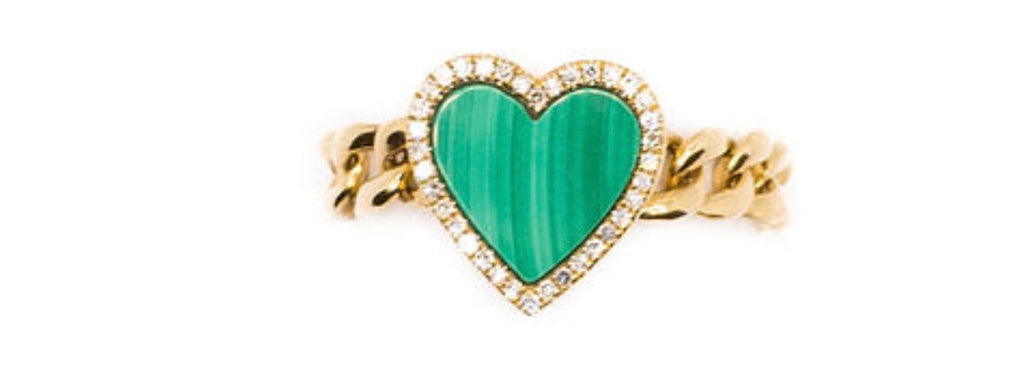 14K Yellow Gold Heart Malachite & Diamond Chain Ring