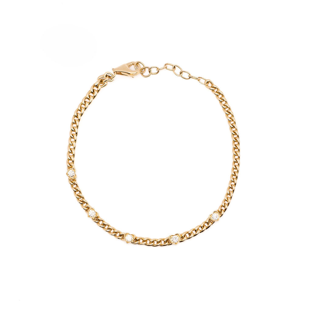 14K Yellow Gold Heart shaped diamond curb link chain Bracelet