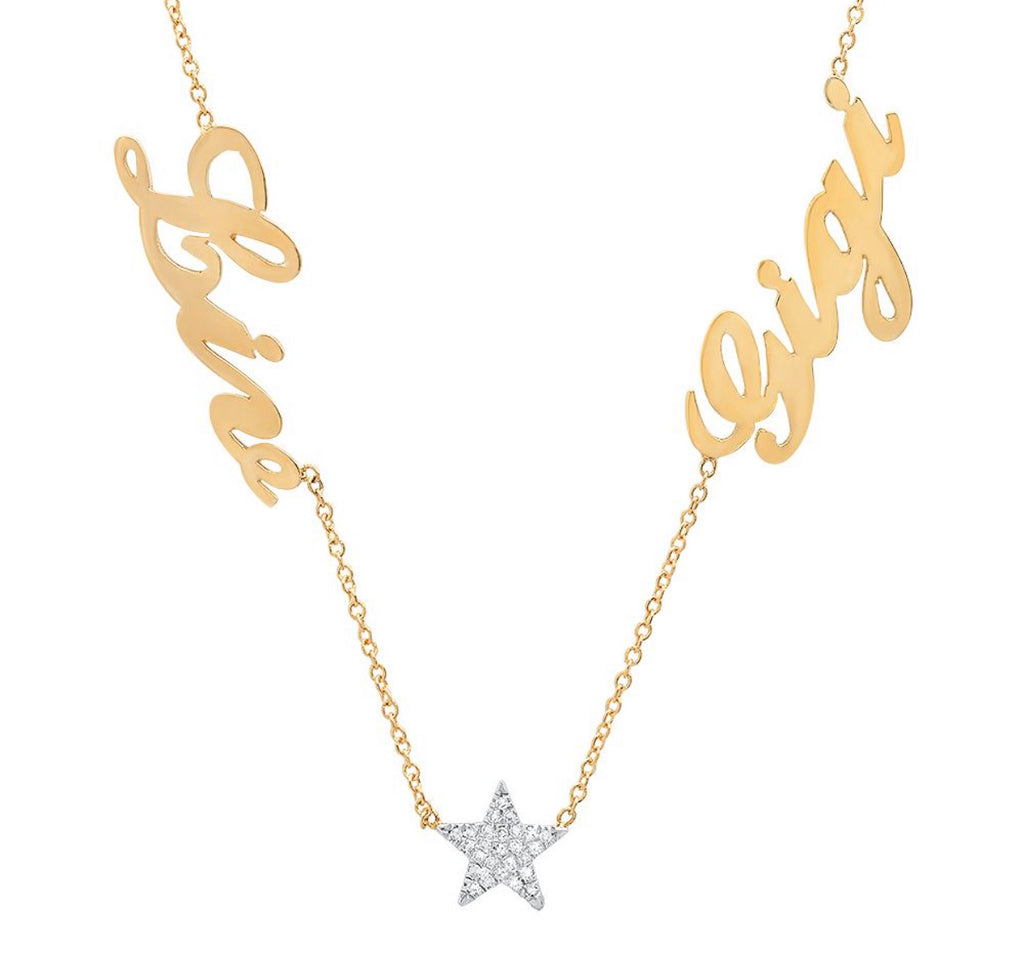 14K Gold Two Name Necklace with diamond Star or Heart