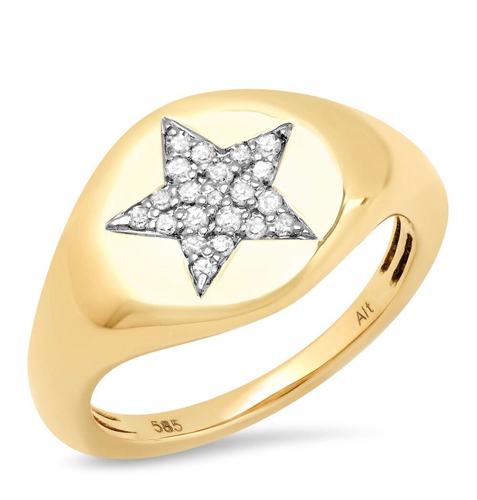 14K Gold Diamond Star Signet Ring