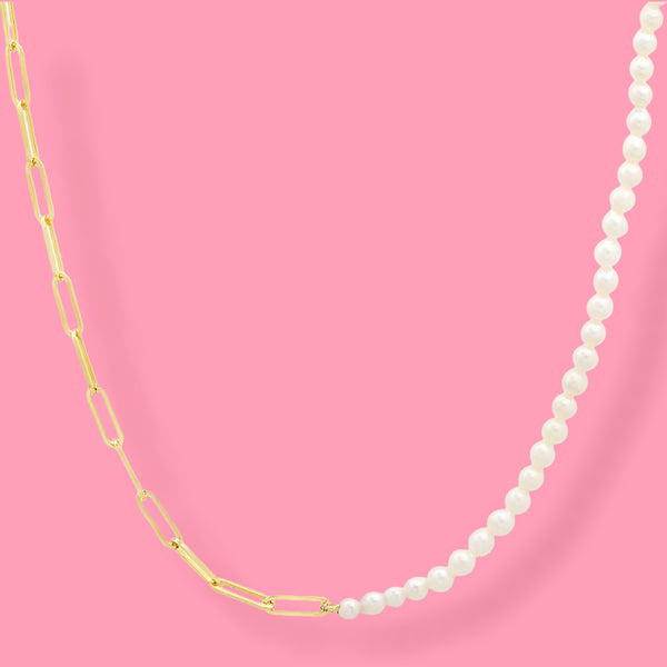 14K Gold Paperclip and Pearl Necklace