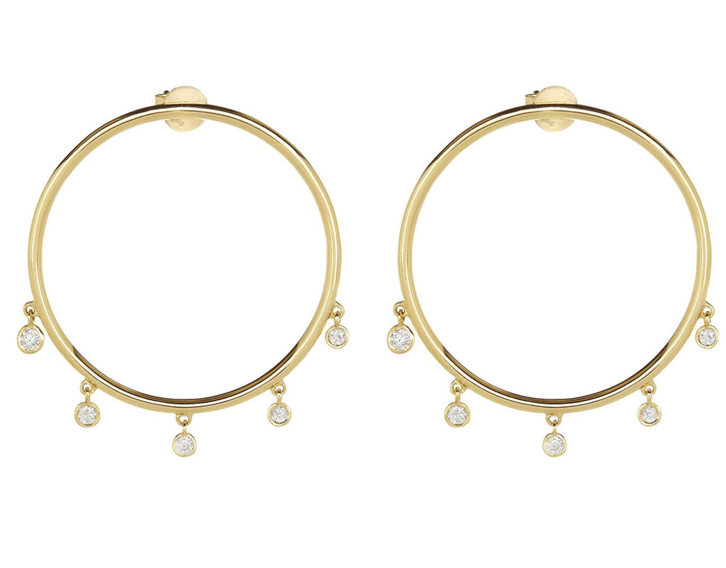 14K Yellow Gold Hoops with 5 Diamond Charms Earring