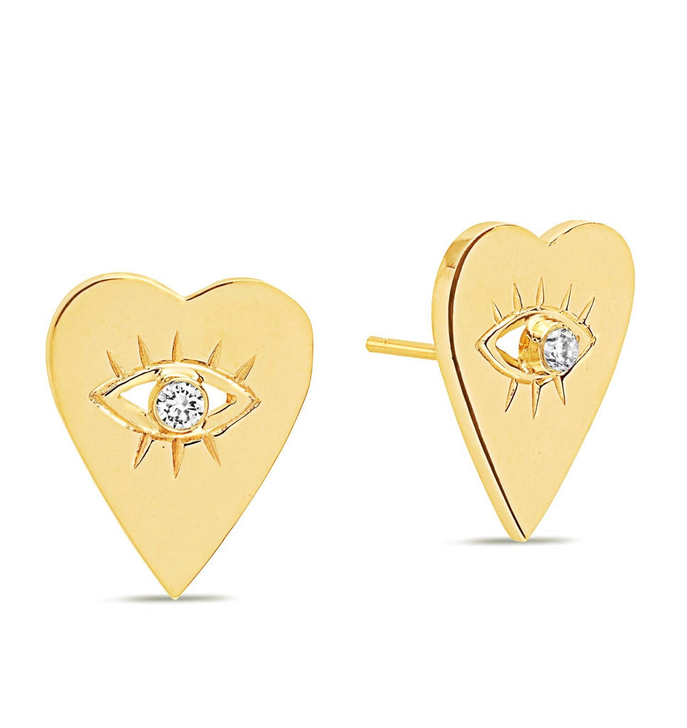 14K Gold Diamond Heart Evil Eye Studs