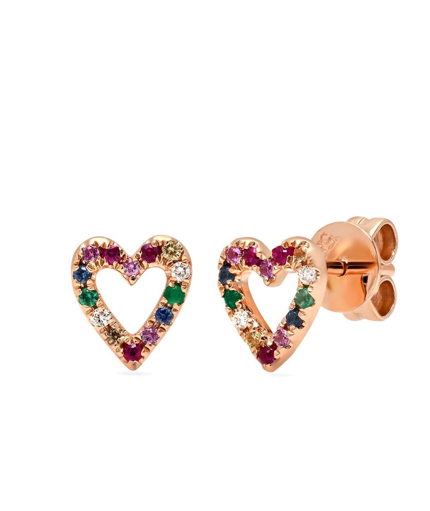 14K Gold Rainbow Sapphire Heart Studs