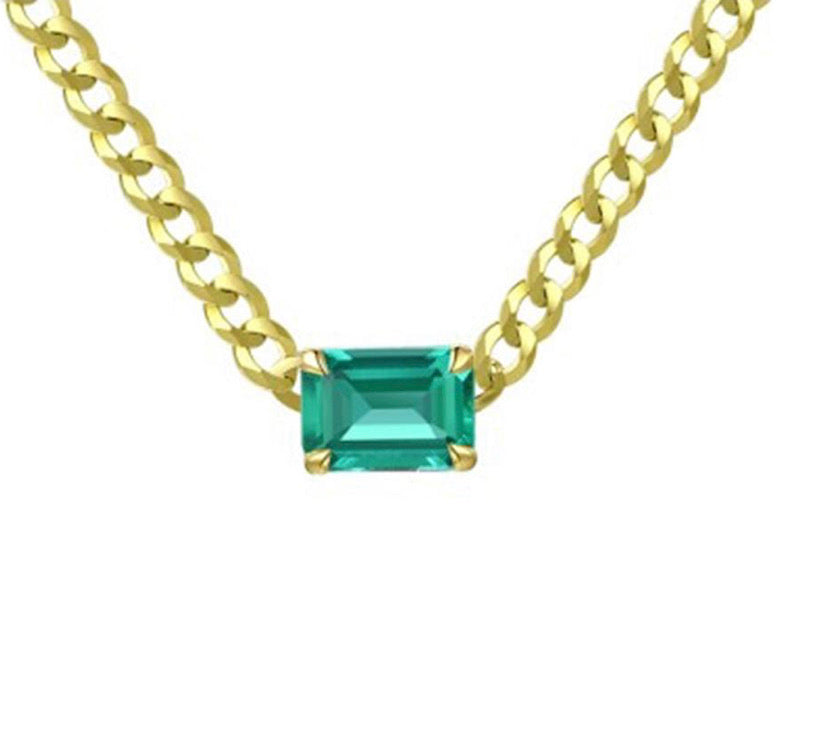 14K Gold Emerald Necklace on Cuban Chain