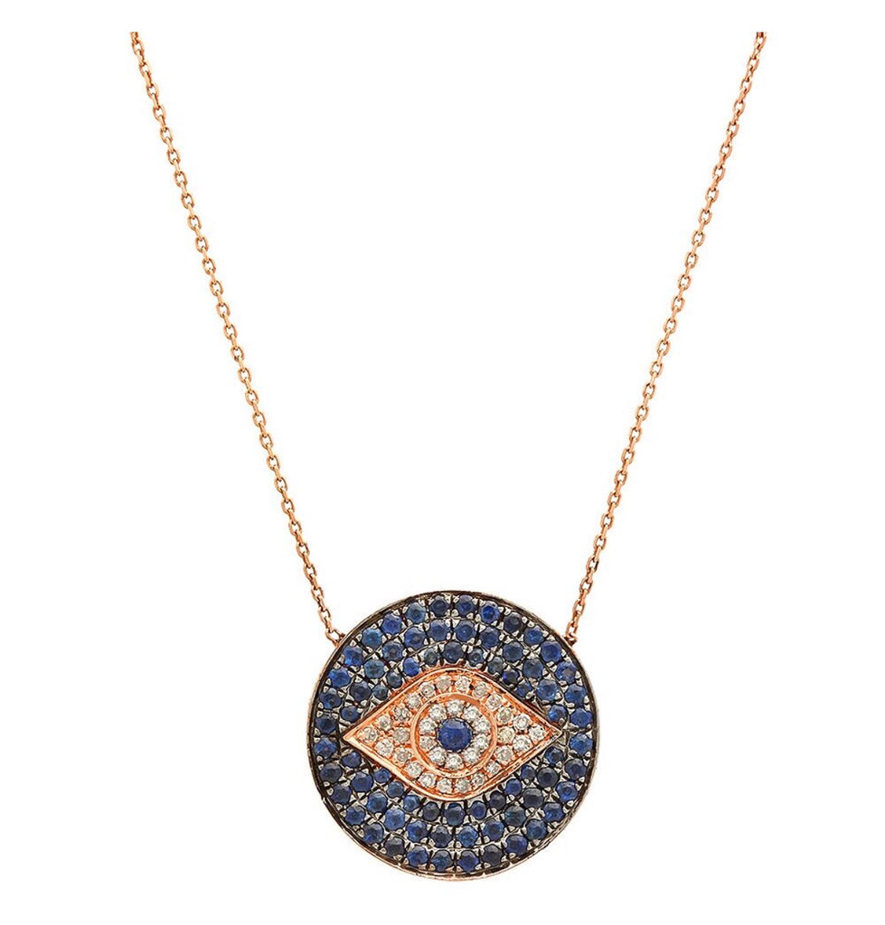 14K Gold Blue Sapphire Diamond Evil Eye Coin Necklace