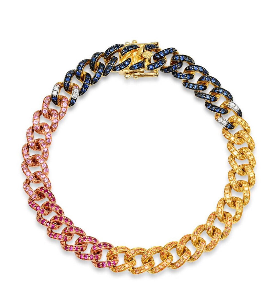 14K Gold Rainbow Sapphire Cuban Link Bracelet