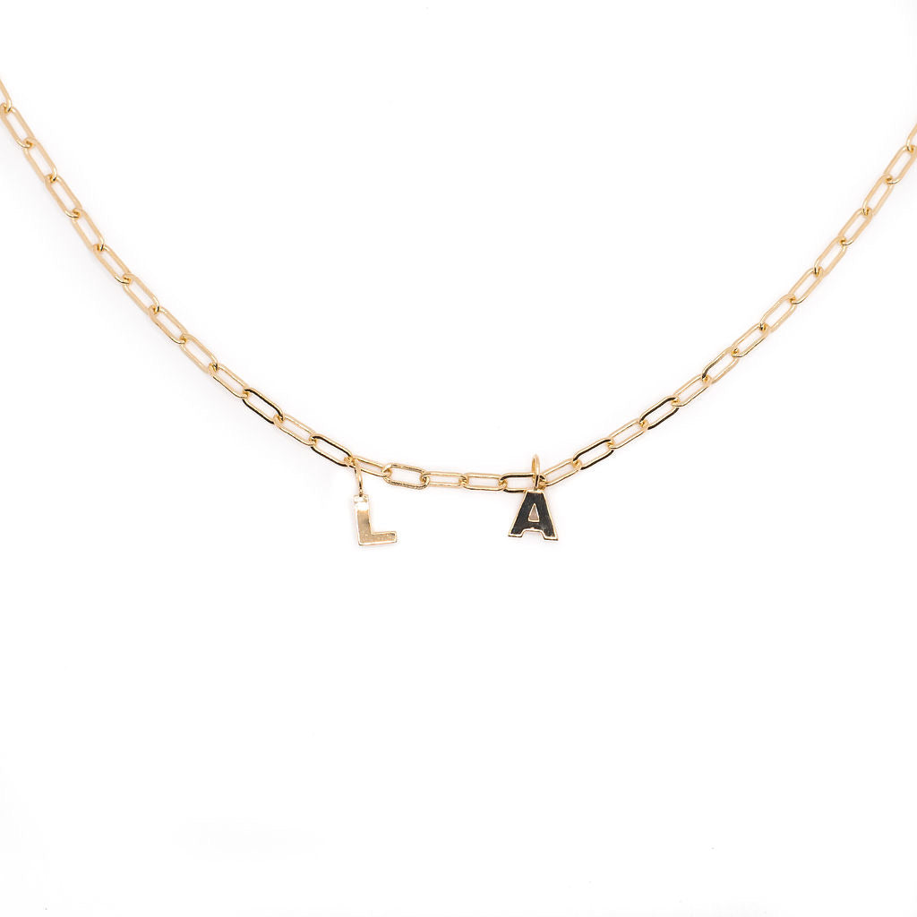 14K GOLD PAPERCLIP CHAIN WITH BLOCK LETTER CHARM
