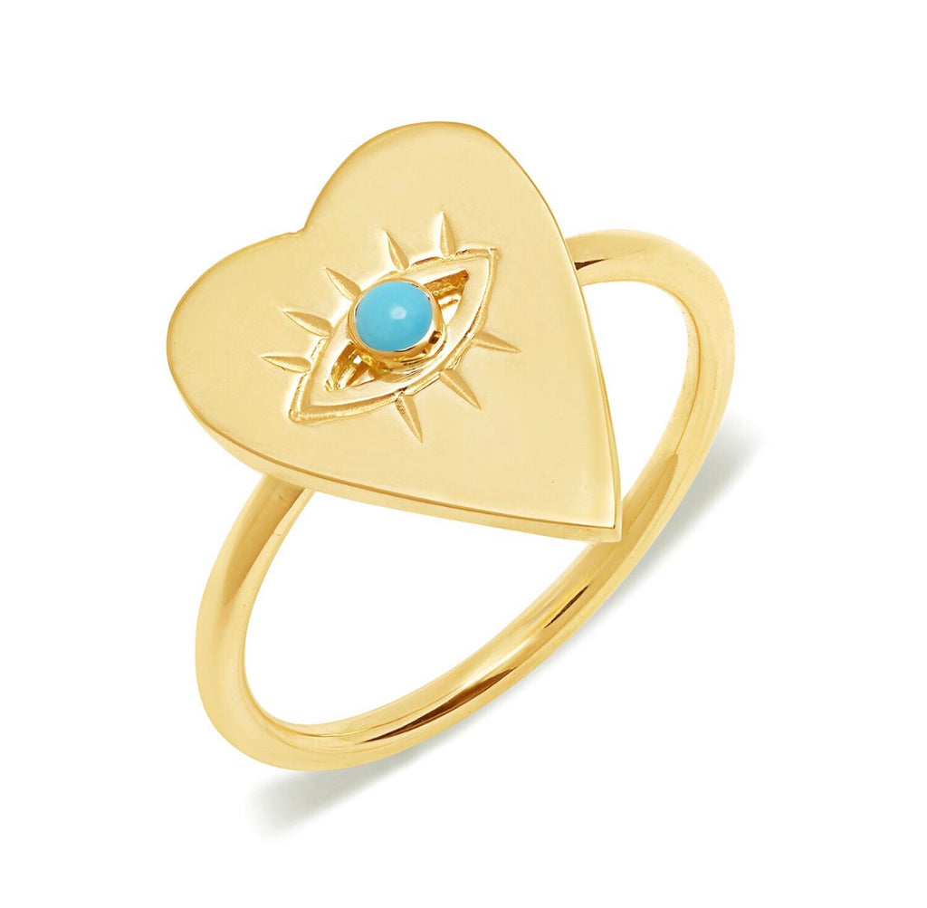 14K Gold Turquoise Heart Evil Eye Ring