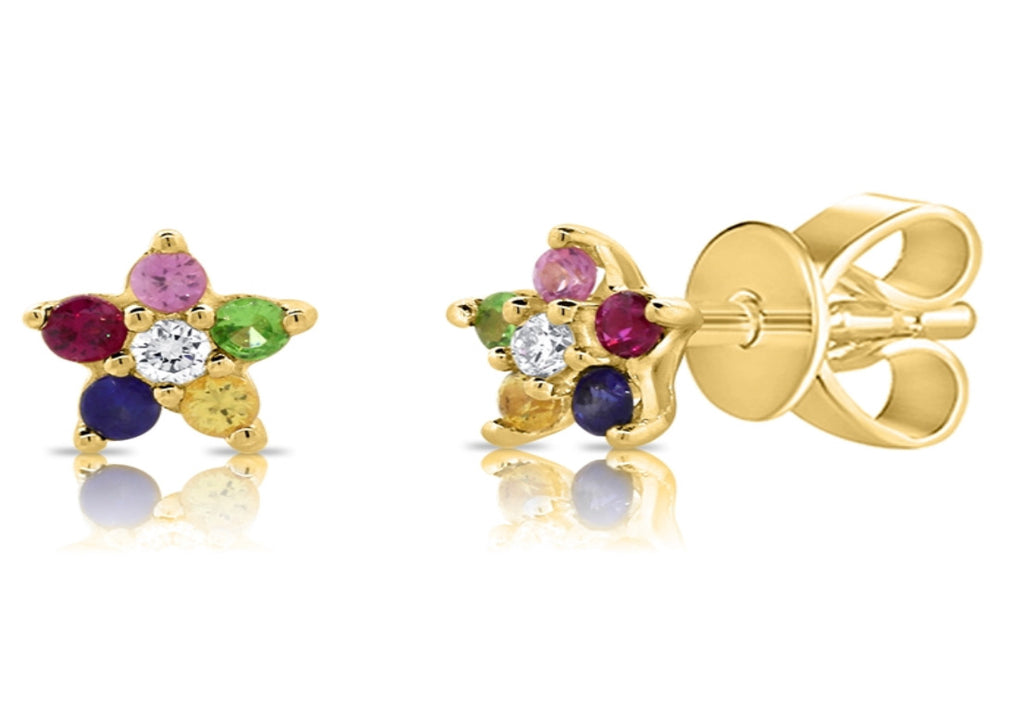 14K Gold tiny Rainbow Sapphire Flower Stud Earrings