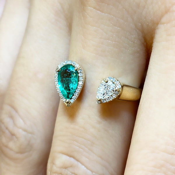 14K Gold Pear Shaped Emerald and Diamond Open Ring