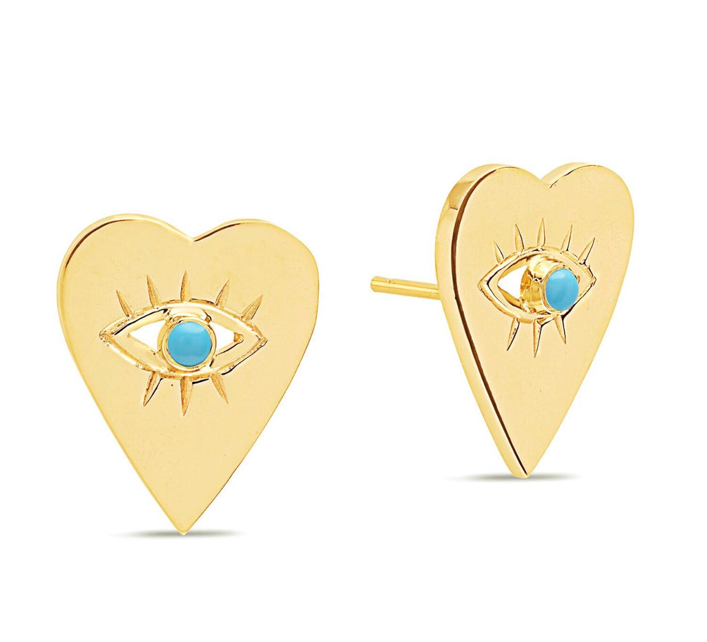 14K Gold Turquoise Heart Evil Eye Studs