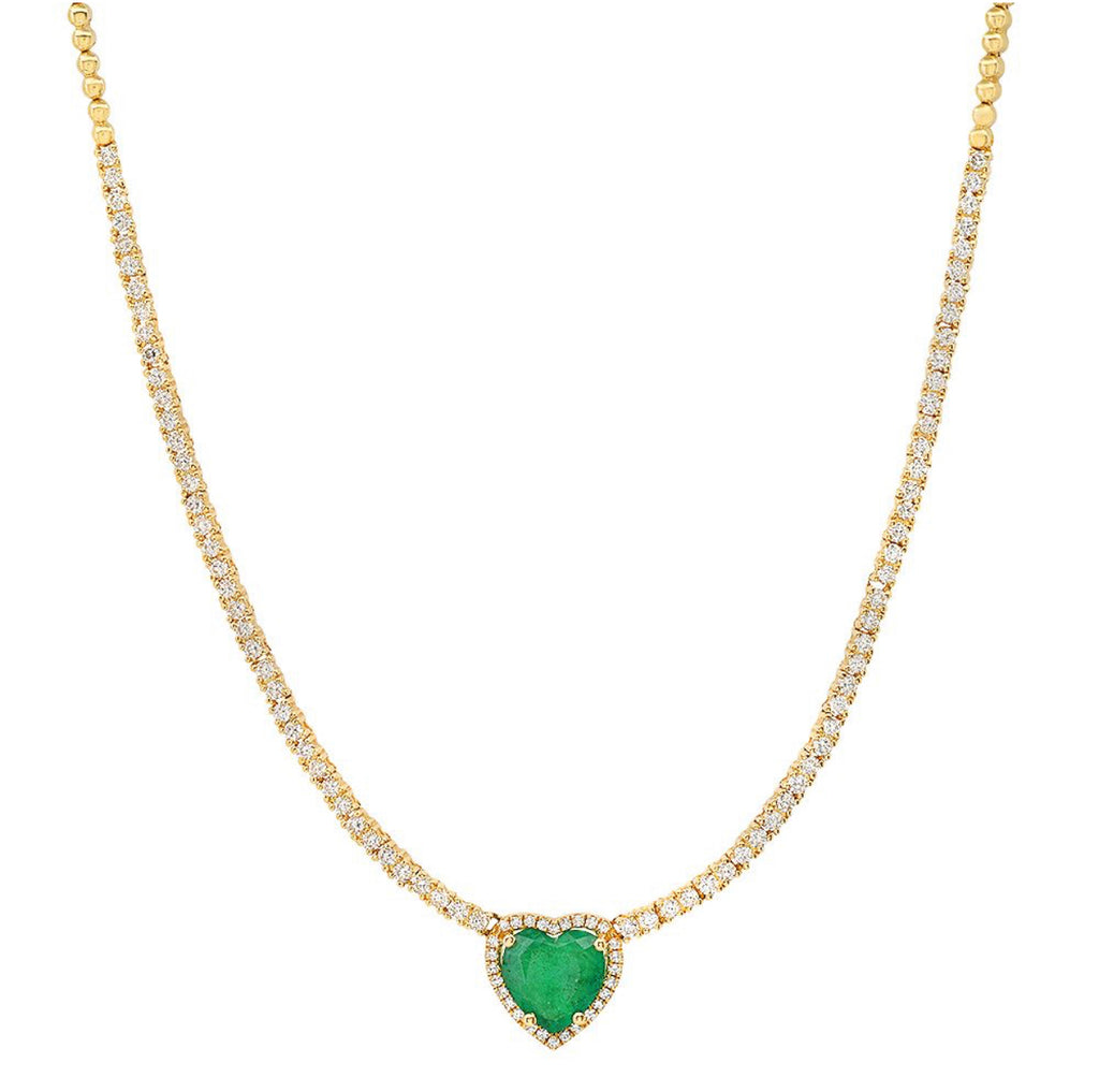 14K Yellow Gold Heart Emerald & Diamond Tennis Necklace