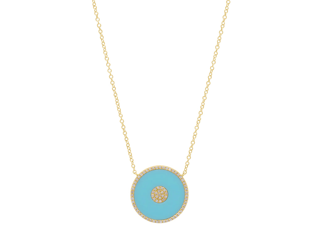 14K Gold Diamond and Turquoise Disc Pendant