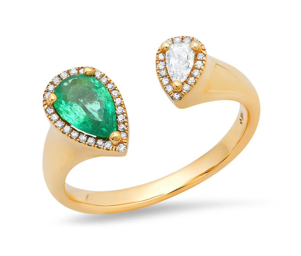 14K Gold Pear Shaped Emerald and Diamond Open Ring