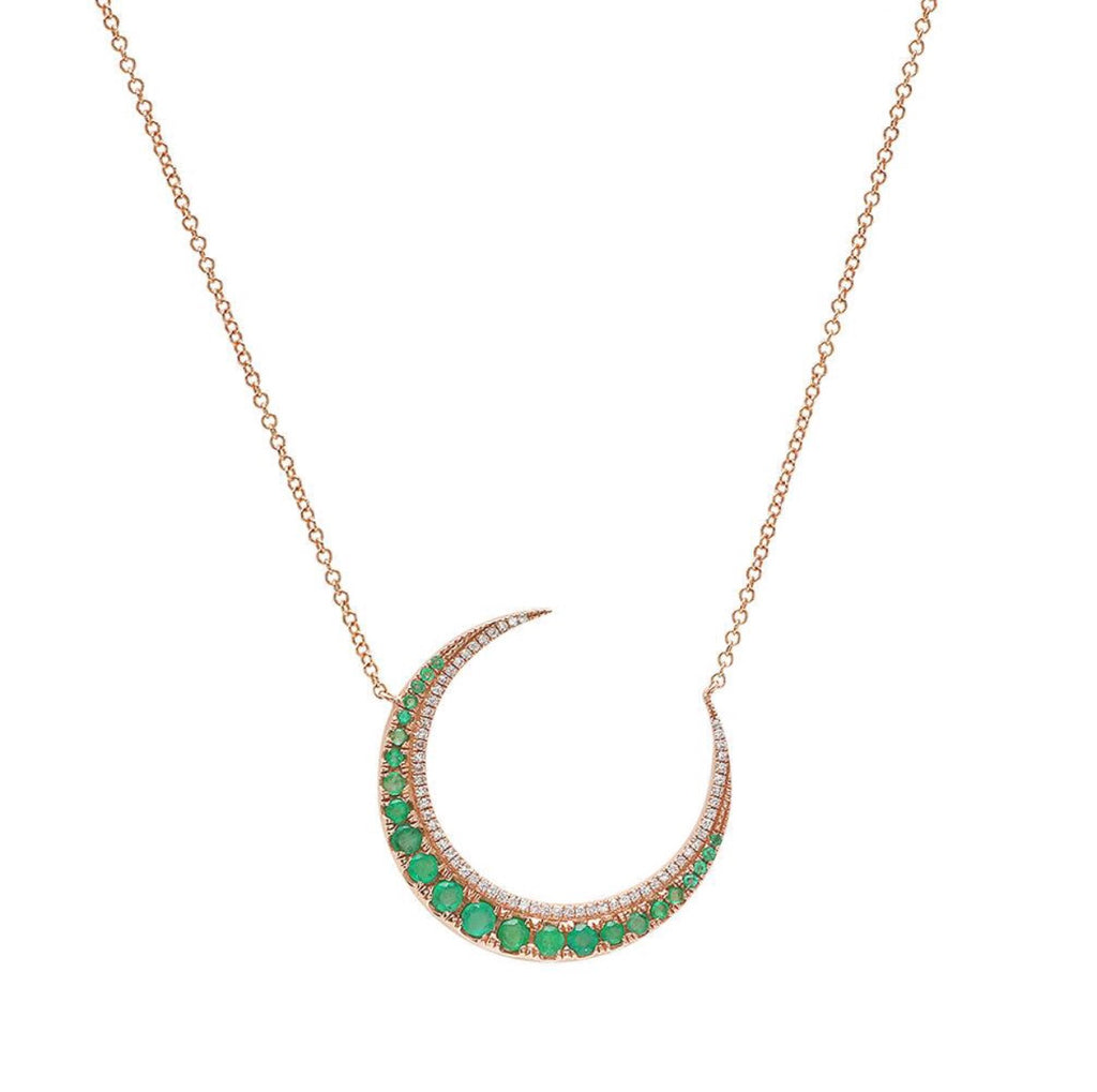 14K Gold Emerald and Diamond Crescent Moon Necklace