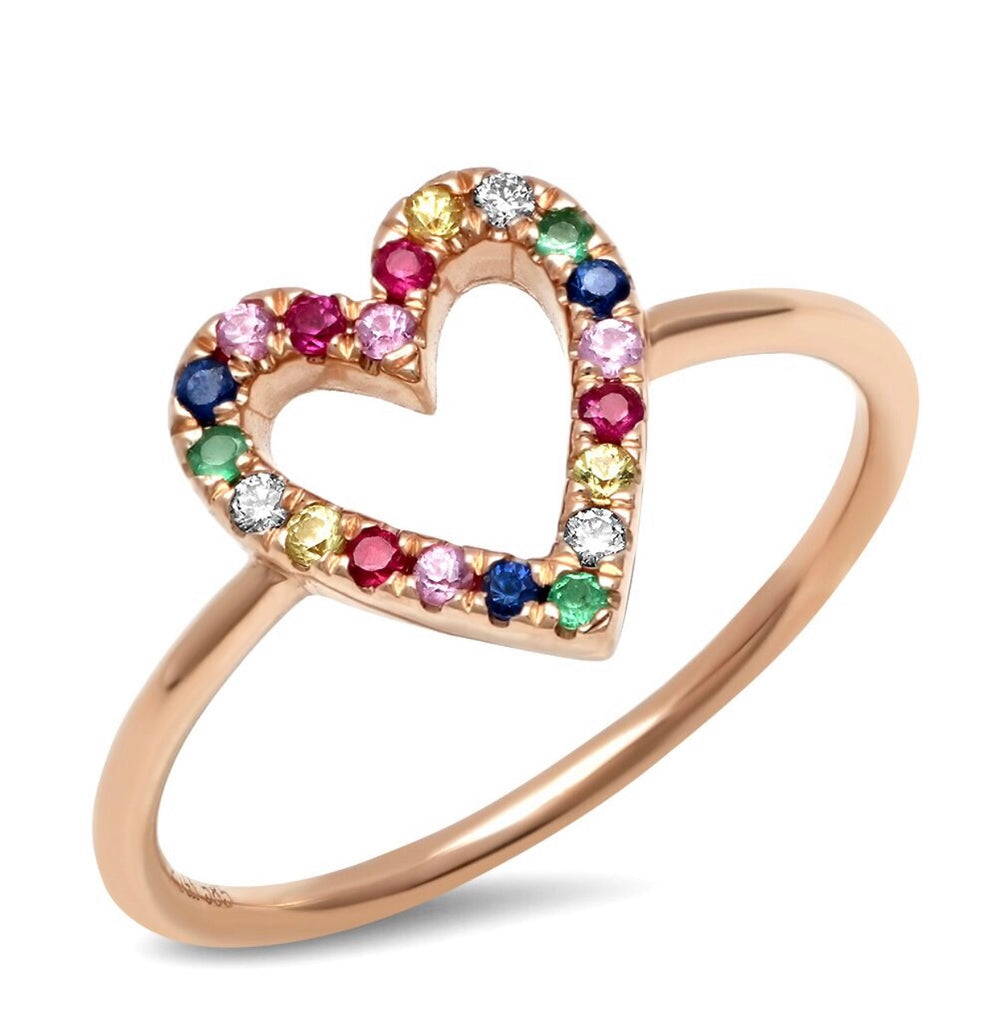 14K Gold Rainbow Sapphire Heart Ring