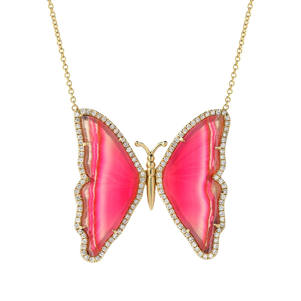 14K Yellow Gold Pink Lace Agate Diamond Butterfly Necklace