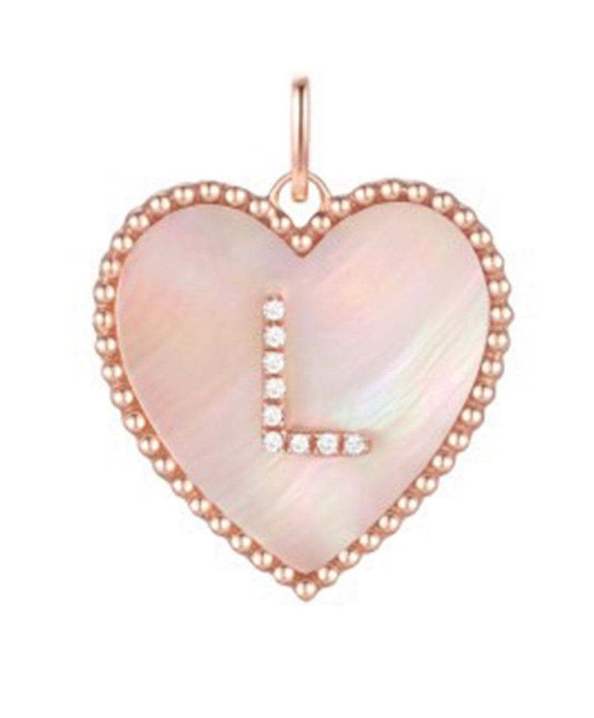 14K Gold Mother of Pearl Heart Diamond Initial Charm
