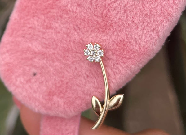 14K Gold Diamond Flower Stud Earring with Stem