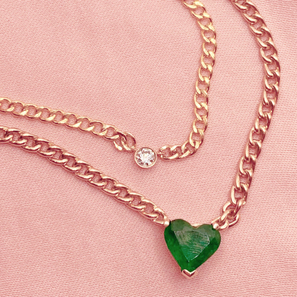 14K Yellow Gold Heart shaped Emerald Cuban Chain necklace